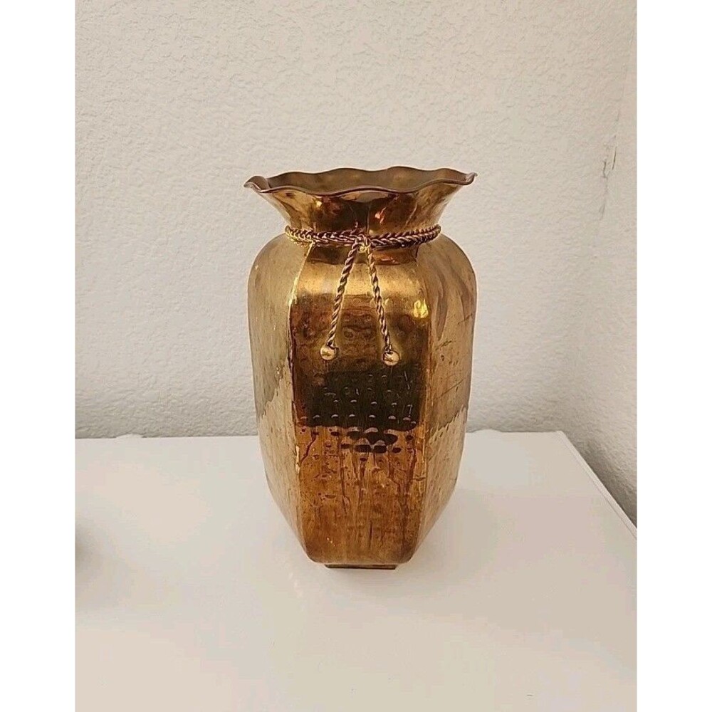 Vintage Hammered Brass Oversized 14.5"Tall Vase with Rope Detail - Made in India